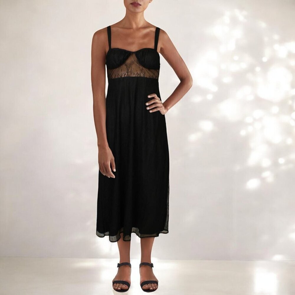 NWT Danielle Bernstein Womens Lace Sheer Midi Dress-BLACK